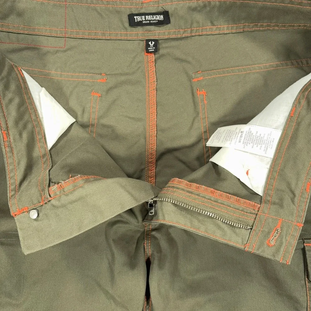 True Religion Cargo Pants Mens 38 Olive Green Twill Orange Stitching 108335 NWT